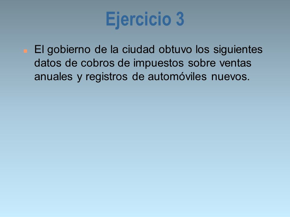 Ejercicio 3 El gobierno de la ciudad obtuvo los siguientes datos de cobros de impuestos sobre ventas anuales y registros de automóviles nuevos.