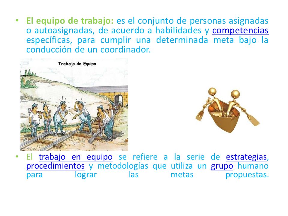El equipo de trabajo: es el conjunto de personas asignadas o autoasignadas, de acuerdo a habilidades y competencias específicas, para cumplir una determinada meta bajo la conducción de un coordinador.