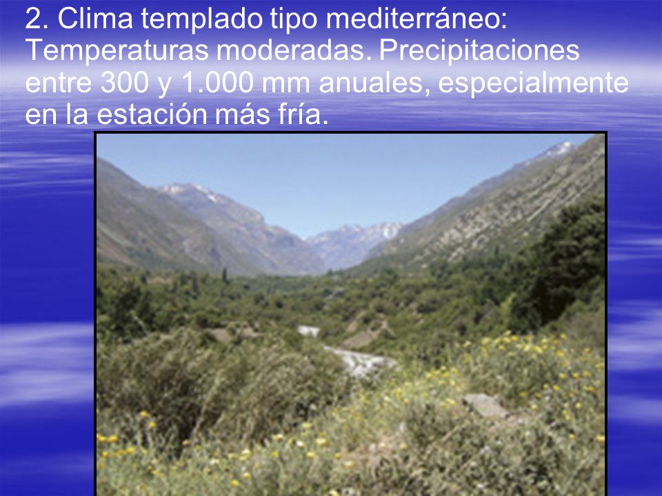 2. Clima templado tipo mediterráneo: Temperaturas moderadas