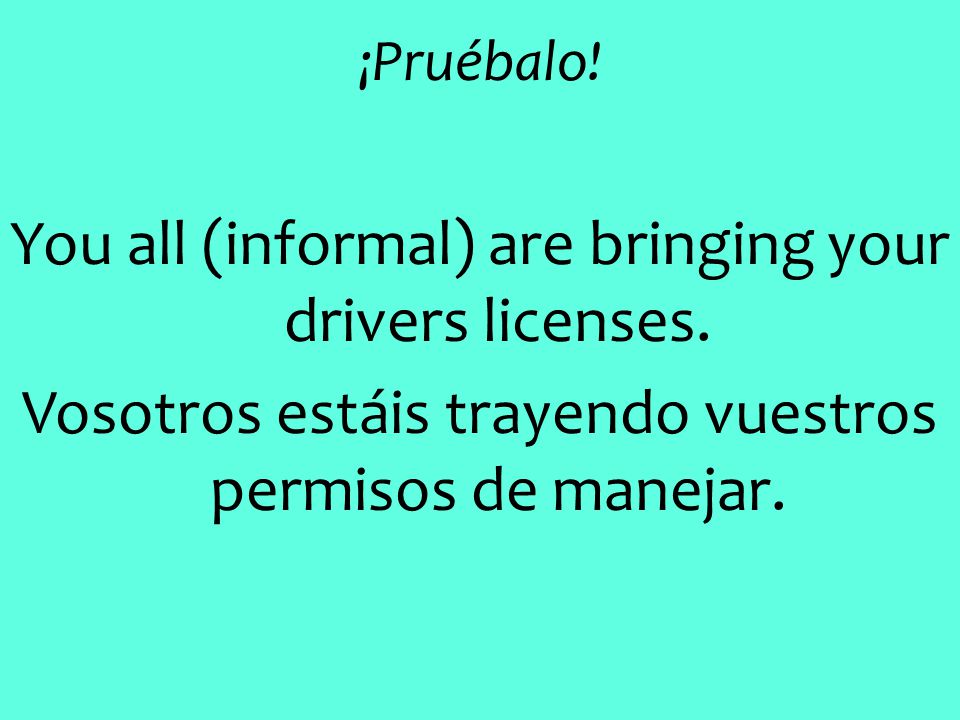 ¡Pruébalo. You all (informal) are bringing your drivers licenses.