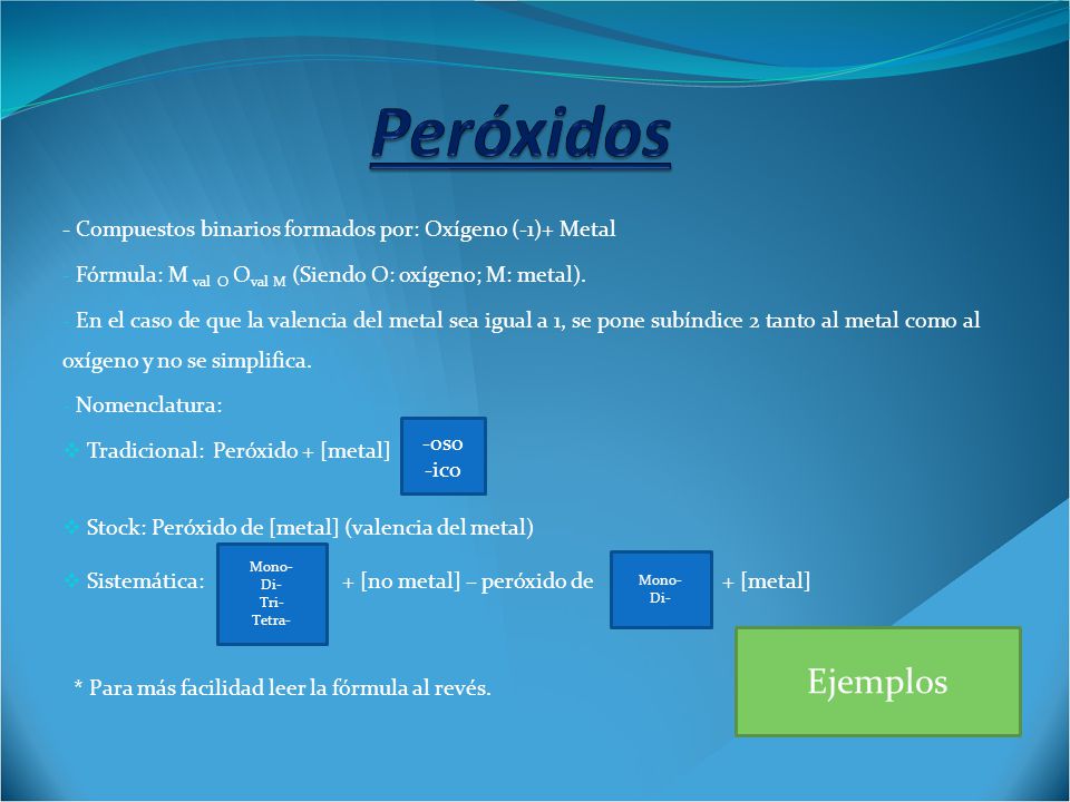 Peróxidos - Compuestos binarios formados por: Oxígeno (-1)+ Metal. Fórmula: M val O Oval M (Siendo O: oxígeno; M: metal).