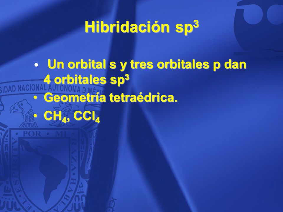 Hibridación sp3 Un orbital s y tres orbitales p dan 4 orbitales sp3
