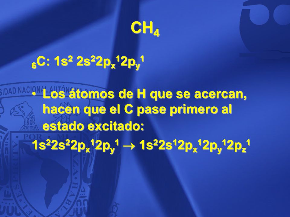 CH4 6C: 1s2 2s22px12py1. Los átomos de H que se acercan, hacen que el C pase primero al estado excitado:
