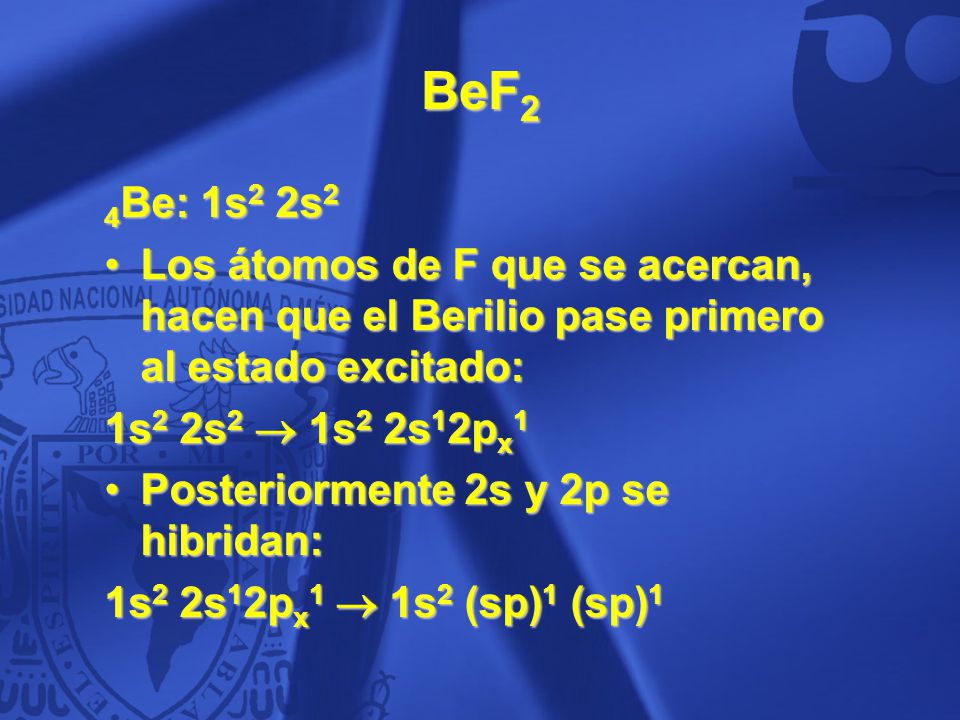 BeF2 4Be: 1s2 2s2. Los átomos de F que se acercan, hacen que el Berilio pase primero al estado excitado: