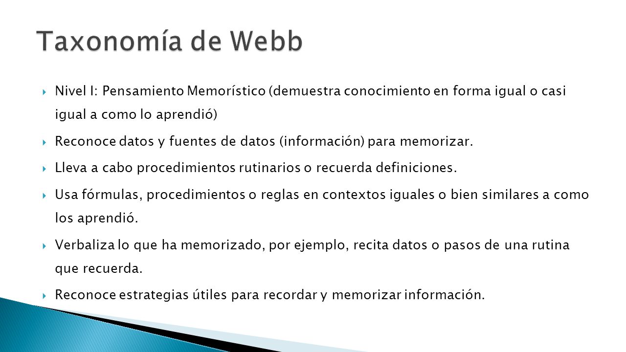 Taxonomía de Webb Nivel I: Pensamiento Memorístico (demuestra conocimiento en forma igual o casi igual a como lo aprendió)