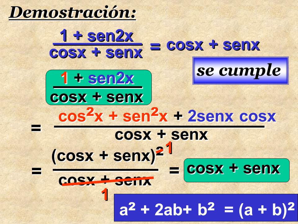 = = = = Demostración: 1 + sen2x cosx + senx cosx + senx se cumple