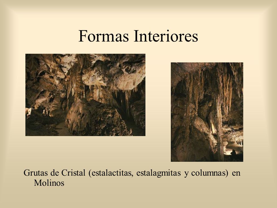 Formas Interiores Grutas de Cristal (estalactitas, estalagmitas y columnas) en Molinos