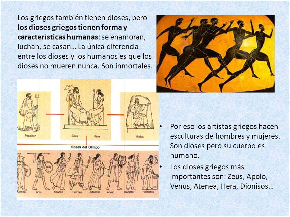 Los griegos también tienen dioses, pero los dioses griegos tienen forma y características humanas: se enamoran, luchan, se casan… La única diferencia entre los dioses y los humanos es que los dioses no mueren nunca. Son inmortales.