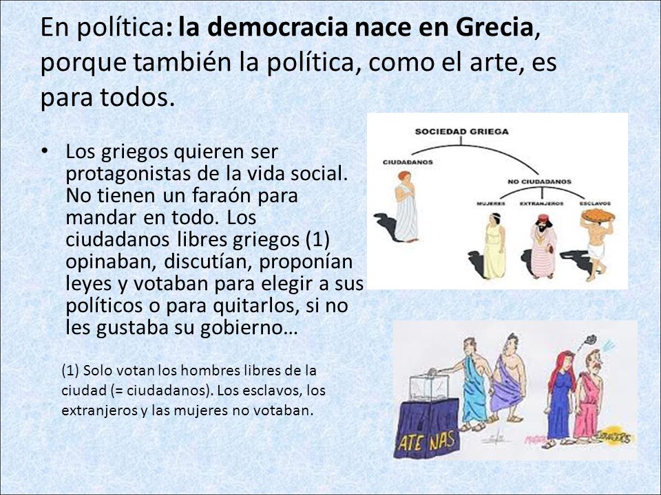 En política: la democracia nace en Grecia, porque también la política, como el arte, es para todos.
