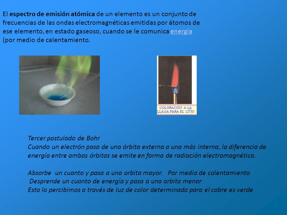 El espectro de emisión atómica de un elemento es un conjunto de frecuencias de las ondas electromagnéticas emitidas por átomos de ese elemento, en estado gaseoso, cuando se le comunica energía (por medio de calentamiento.