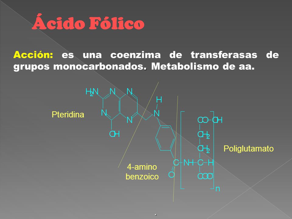 Ácido Fólico Acción: es una coenzima de transferasas de grupos monocarbonados. Metabolismo de aa. Pteridina.