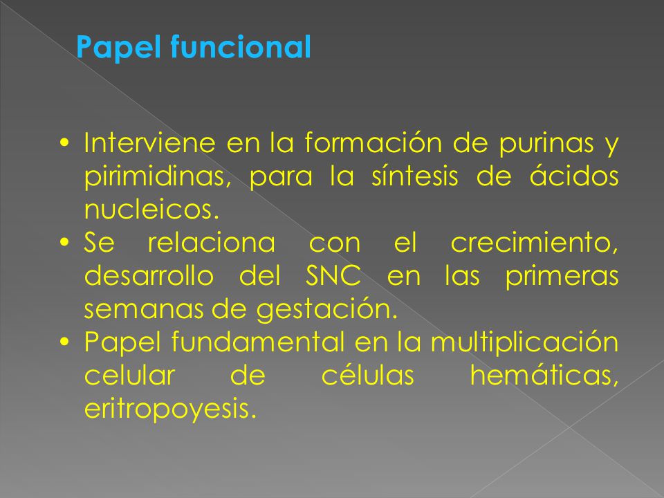 Papel funcional Interviene en la formación de purinas y pirimidinas, para la síntesis de ácidos nucleicos.