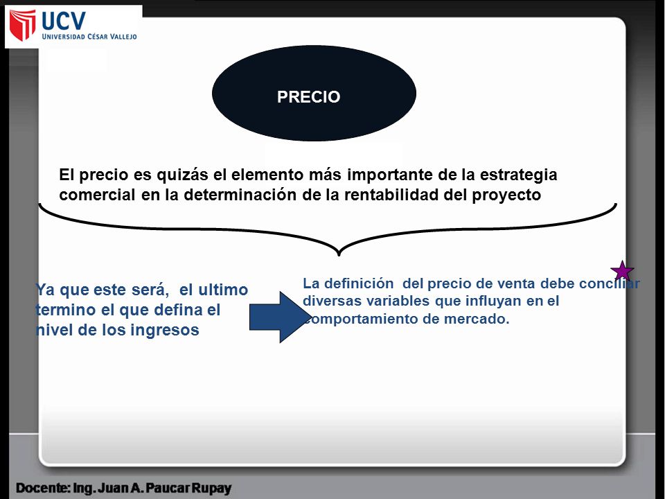 PRECIO El precio es quizás el elemento más importante de la estrategia comercial en la determinación de la rentabilidad del proyecto.