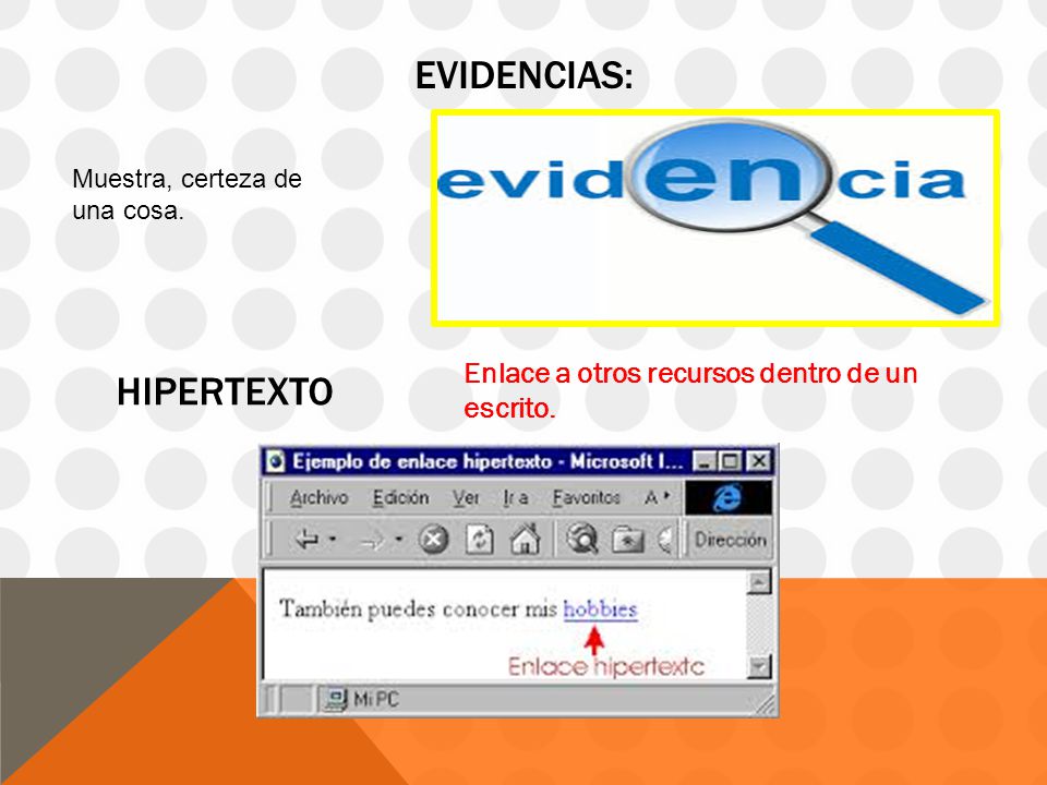 Evidencias: HIPERTEXTO Enlace a otros recursos dentro de un escrito.