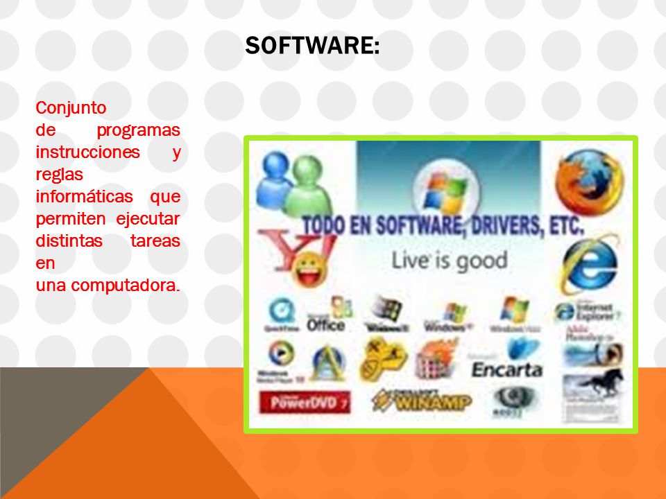 Software: Conjunto de programas instrucciones y reglas informáticas que permiten ejecutar distintas tareas en una computadora.