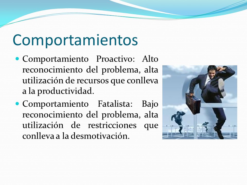 Comportamientos Comportamiento Proactivo: Alto reconocimiento del problema, alta utilización de recursos que conlleva a la productividad.