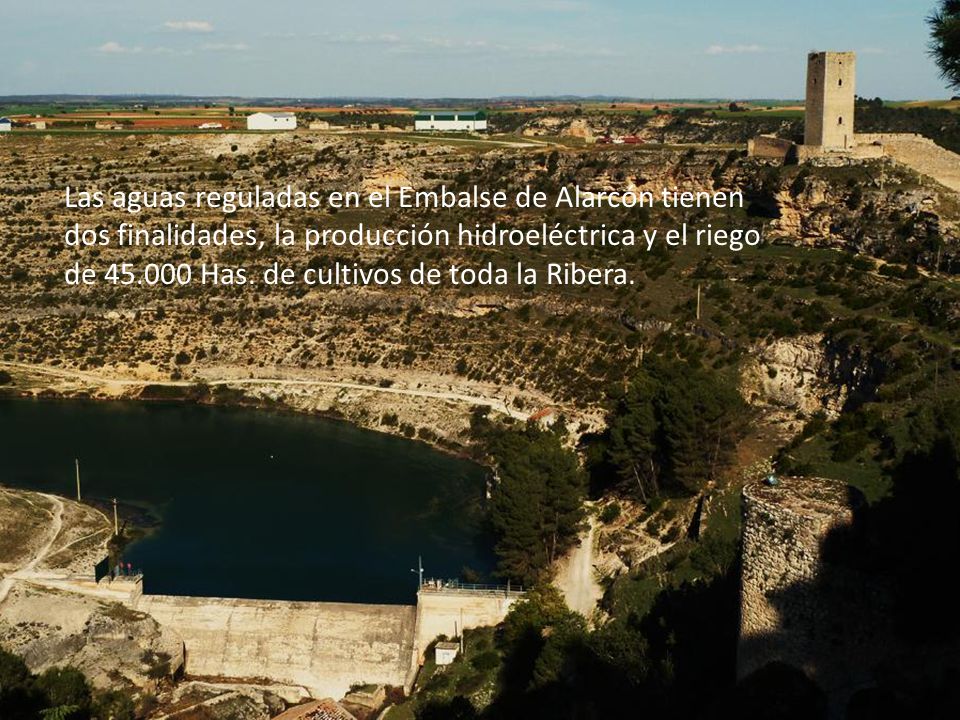 Las aguas reguladas en el Embalse de Alarcón tienen dos finalidades, la producción hidroeléctrica y el riego de Has.