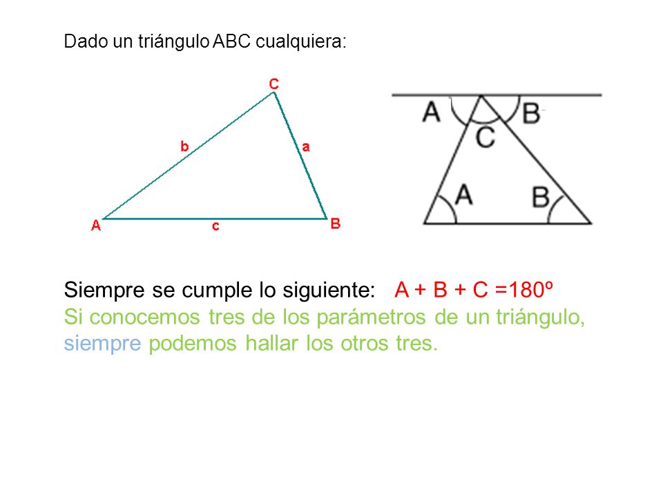 Siempre se cumple lo siguiente: A + B + C =180º