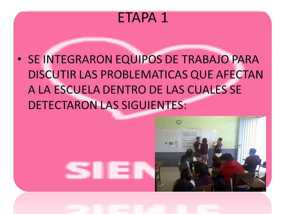 ETAPA 1 SE INTEGRARON EQUIPOS DE TRABAJO PARA DISCUTIR LAS PROBLEMATICAS QUE AFECTAN A LA ESCUELA DENTRO DE LAS CUALES SE DETECTARON LAS SIGUIENTES: