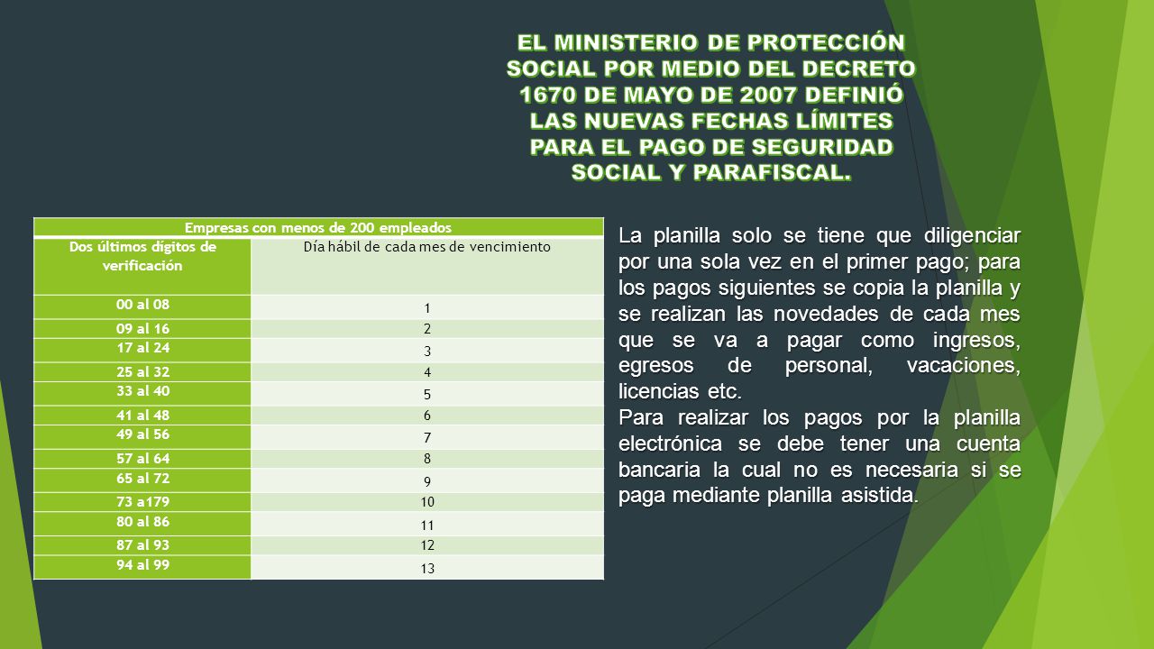 EL MINISTERIO DE PROTECCIÓN SOCIAL POR MEDIO DEL DECRETO 1670 DE MAYO DE 2007 DEFINIÓ LAS NUEVAS FECHAS LÍMITES PARA EL PAGO DE SEGURIDAD SOCIAL Y PARAFISCAL.
