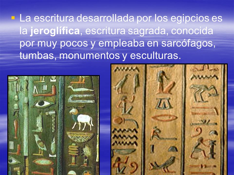 La escritura desarrollada por los egipcios es la jeroglífica, escritura sagrada, conocida por muy pocos y empleaba en sarcófagos, tumbas, monumentos y esculturas.