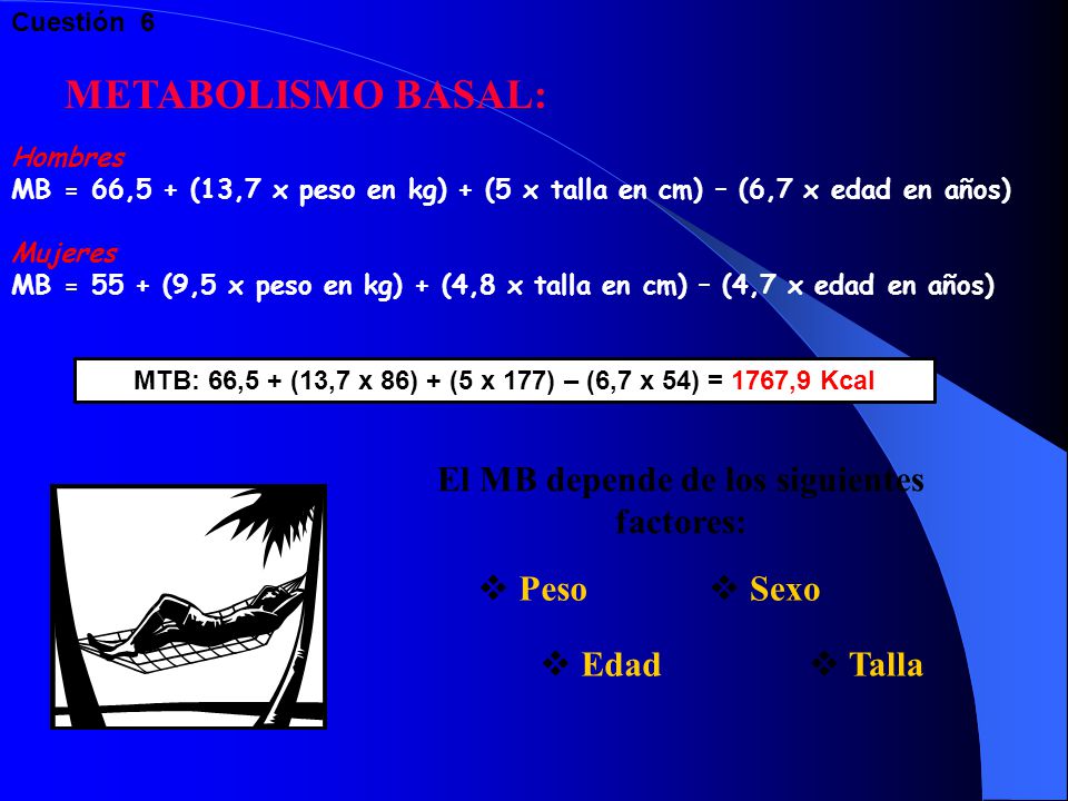METABOLISMO BASAL: El MB depende de los siguientes factores: Peso Sexo
