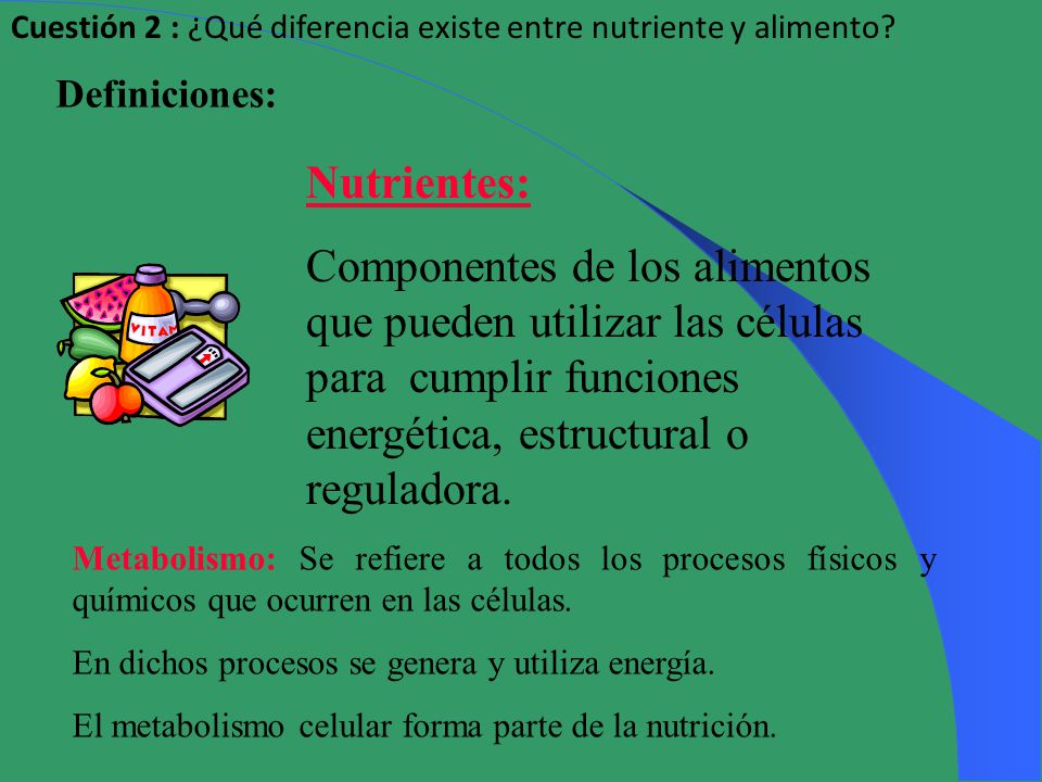 Cuestión 2 : ¿Qué diferencia existe entre nutriente y alimento