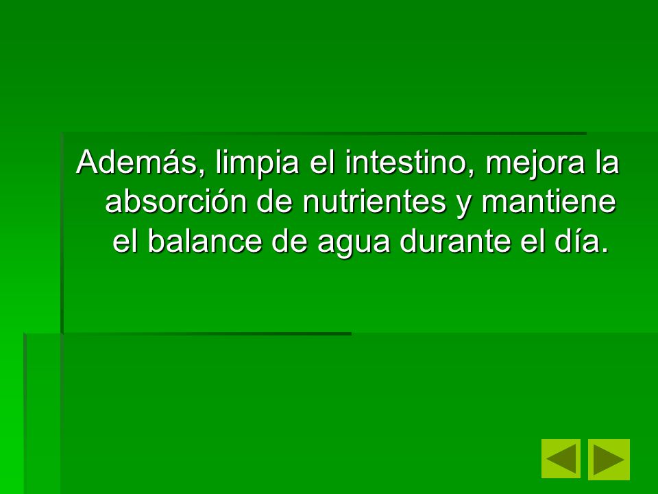 Además, limpia el intestino, mejora la absorción de nutrientes y mantiene el balance de agua durante el día.