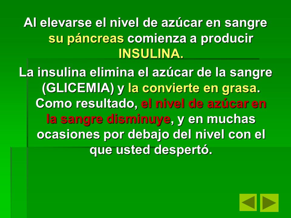 Al elevarse el nivel de azúcar en sangre su páncreas comienza a producir INSULINA.