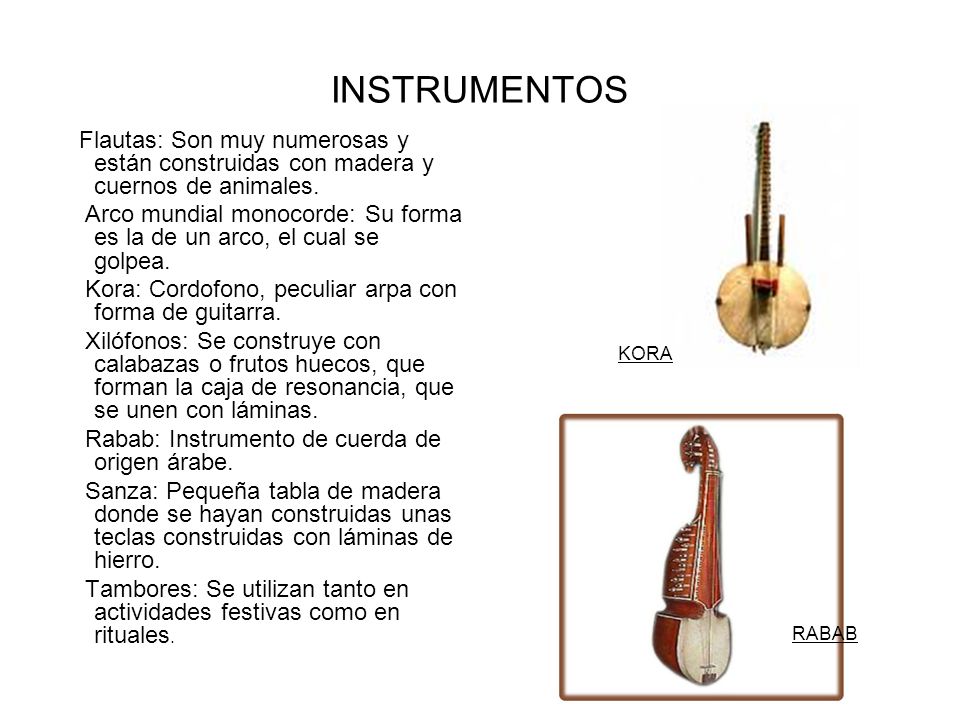 INSTRUMENTOS Flautas: Son muy numerosas y están construidas con madera y cuernos de animales.