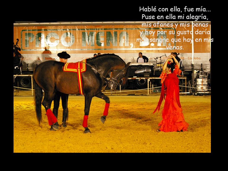 Hablé con ella, fue mía... Puse en ella mi alegría, mis afanes y mis penas y hoy por su gusto daría más sangre que hay en mis venas.