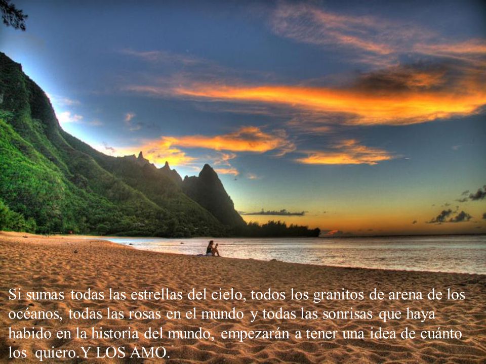 Si sumas todas las estrellas del cielo, todos los granitos de arena de los océanos, todas las rosas en el mundo y todas las sonrisas que haya habido en la historia del mundo, empezarán a tener una idea de cuánto los quiero.Y LOS AMO.