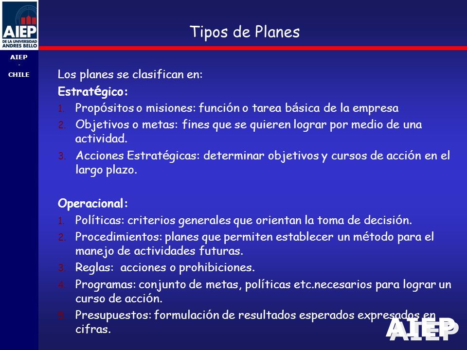 Tipos de Planes Los planes se clasifican en: Estratégico: