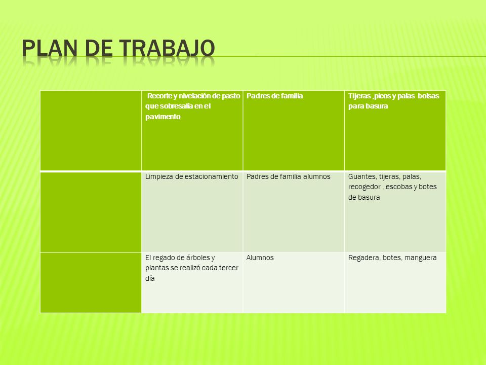 Plan de trabajo Recorte y nivelación de pasto que sobresalía en el pavimento. Padres de familia.