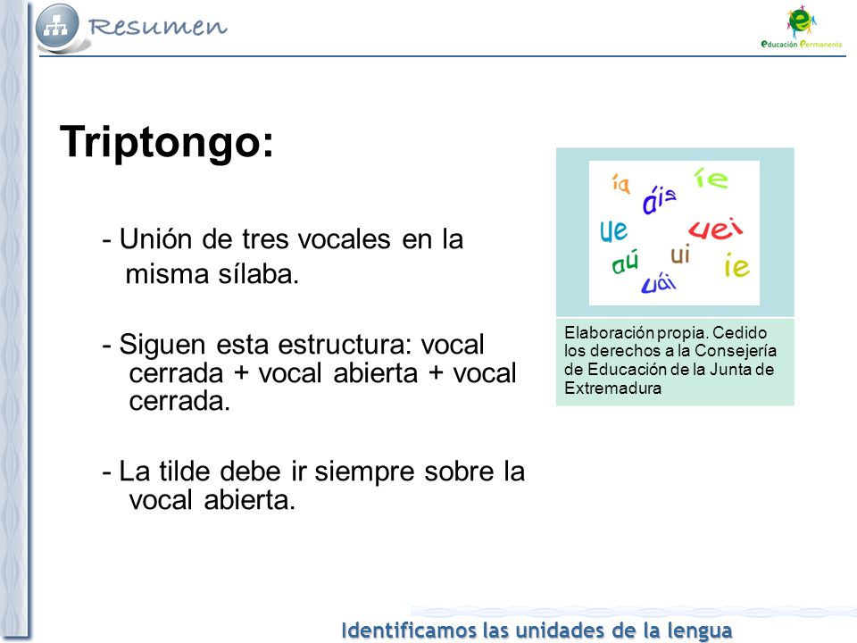 Triptongo: - Unión de tres vocales en la misma sílaba.