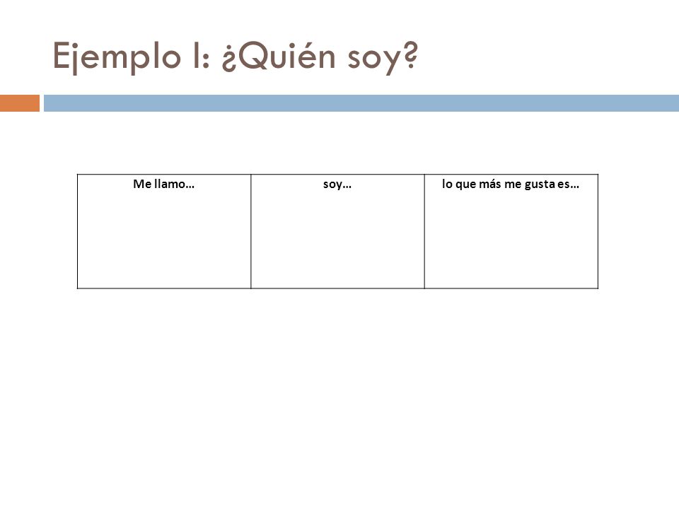 Ejemplo I: ¿Quién soy Me llamo… soy… lo que más me gusta es…