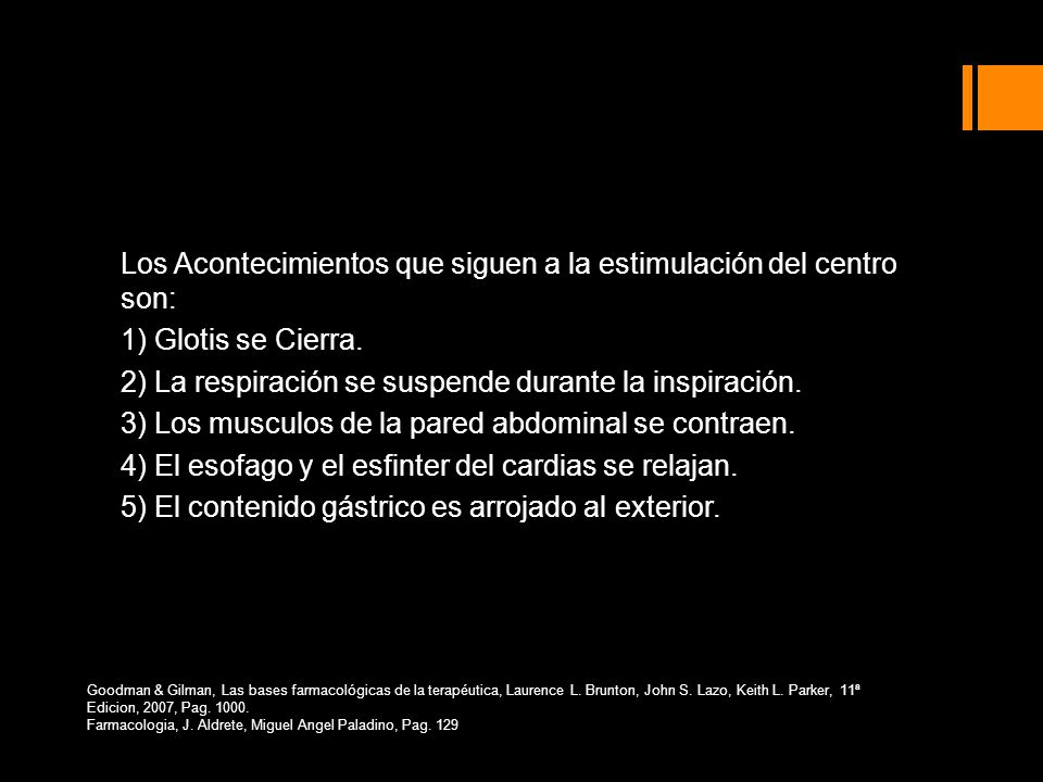 Los Acontecimientos que siguen a la estimulación del centro son: 1) Glotis se Cierra. 2) La respiración se suspende durante la inspiración. 3) Los musculos de la pared abdominal se contraen. 4) El esofago y el esfinter del cardias se relajan. 5) El contenido gástrico es arrojado al exterior.