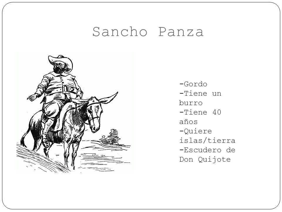 Sancho Panza -Gordo -Tiene un burro -Tiene 40 años