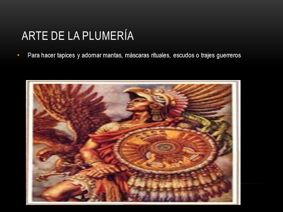 Arte de la plumería Para hacer tapices y adornar mantas, máscaras rituales, escudos o trajes guerreros.