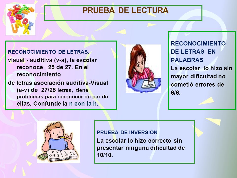 PRUEBA DE LECTURA RECONOCIMIENTO DE LETRAS EN PALABRAS La escolar lo hizo sin mayor dificultad no cometió errores de 6/6.