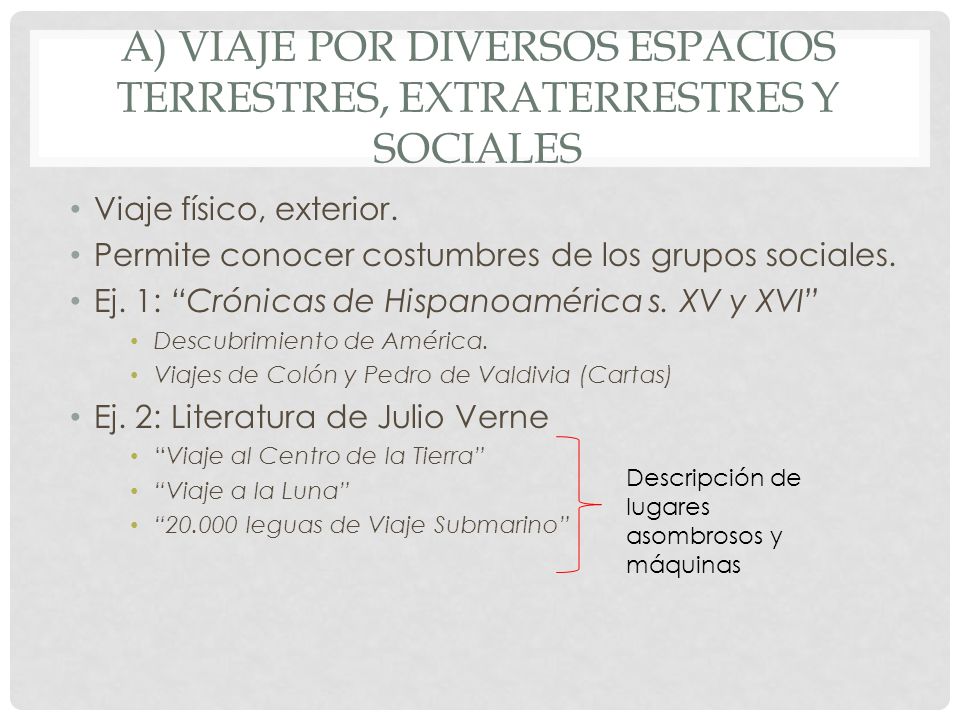 a) Viaje por diversos espacios terrestres, extraterrestres y sociales