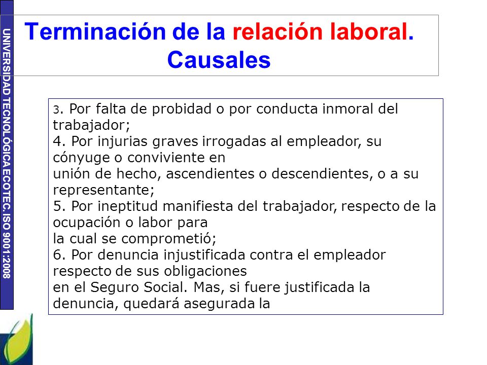 Terminación de la relación laboral. Causales