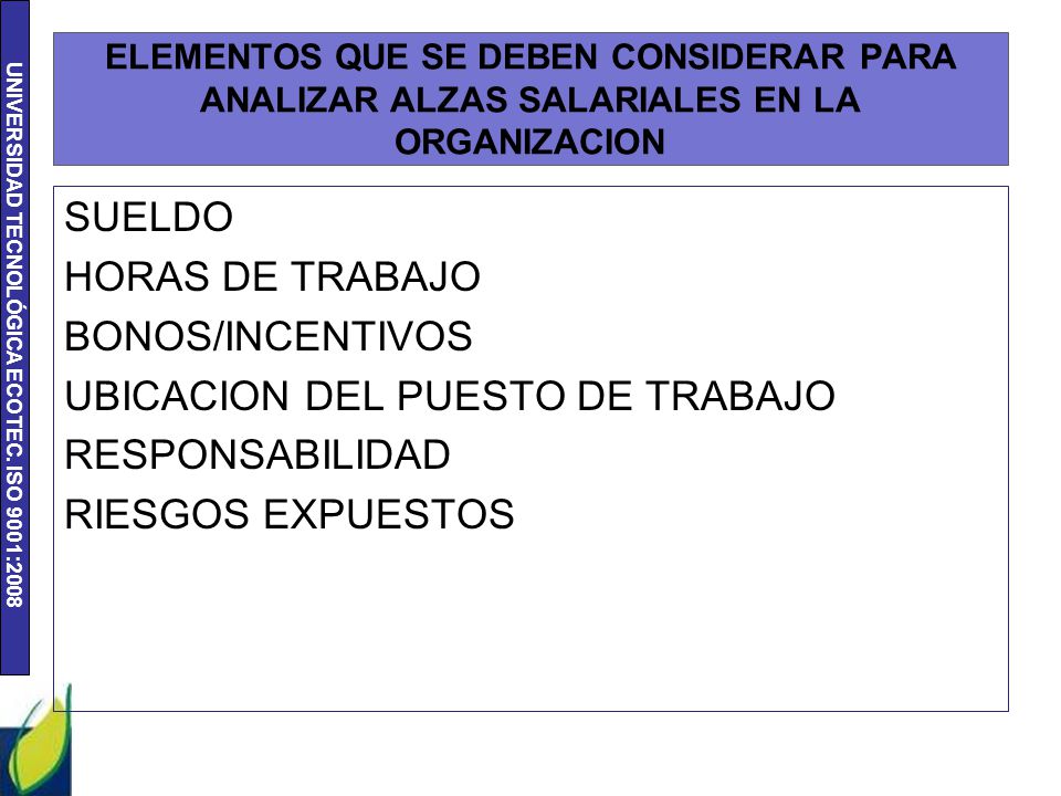 ELEMENTOS QUE SE DEBEN CONSIDERAR PARA ANALIZAR ALZAS SALARIALES EN LA ORGANIZACION