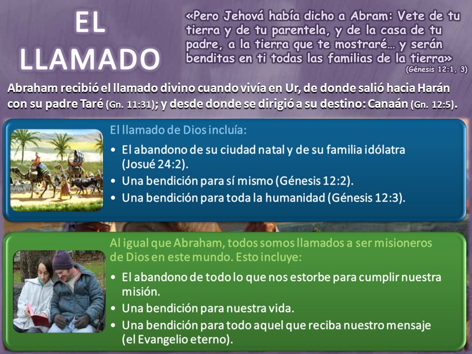 Abraham recibió el llamado divino cuando vivía en Ur, de donde salió hacia Harán con su padre Taré (Gn.