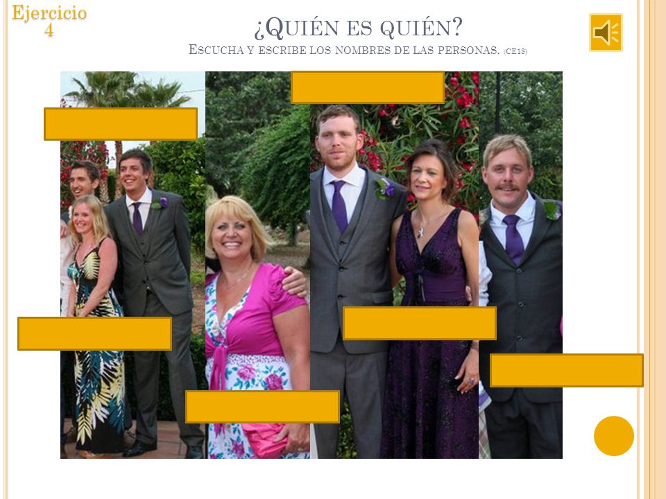 ¿Quién es quién Escucha y escribe los nombres de las personas. (CE18)