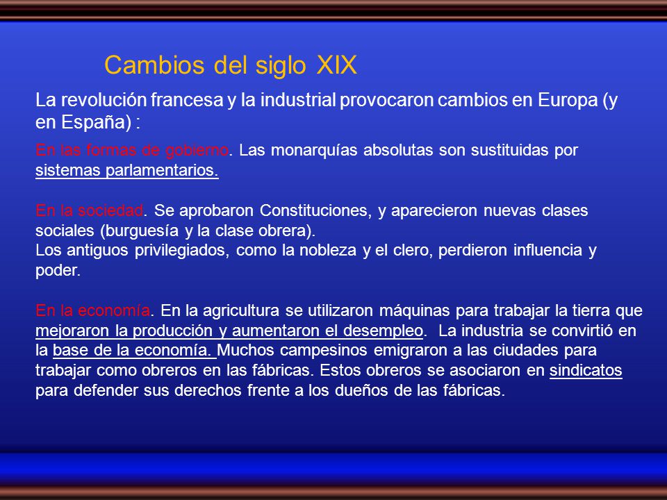 Cambios del siglo XIX La revolución francesa y la industrial provocaron cambios en Europa (y en España) :