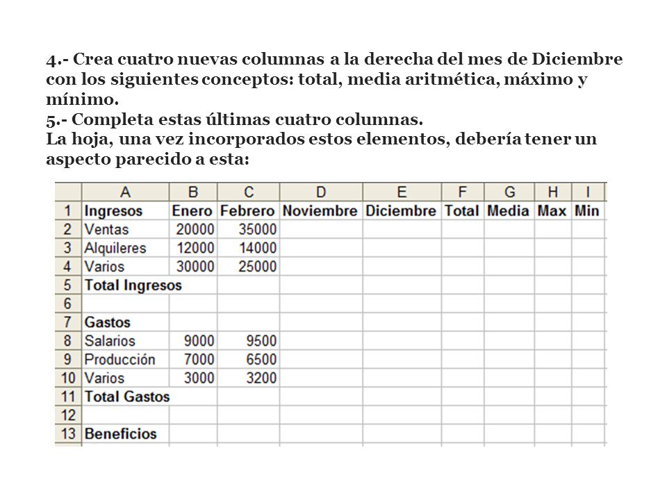 4.- Crea cuatro nuevas columnas a la derecha del mes de Diciembre con los siguientes conceptos: total, media aritmética, máximo y mínimo.