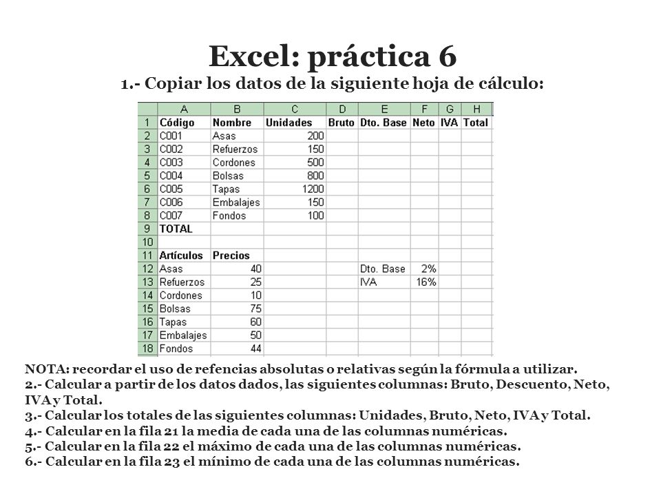 1.- Copiar los datos de la siguiente hoja de cálculo: