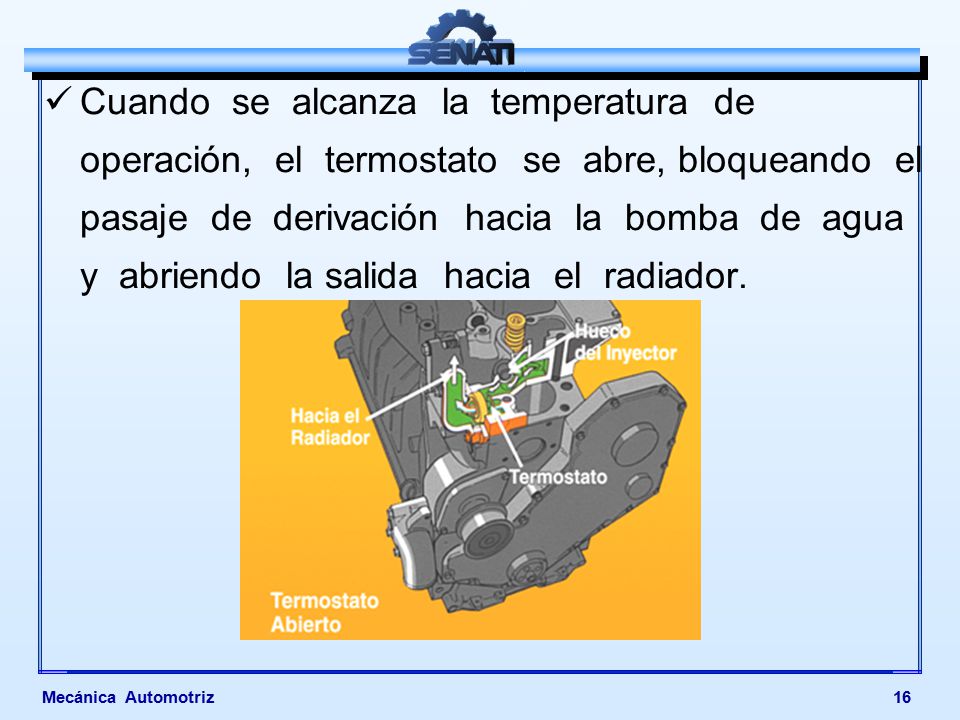 Cuando se alcanza la temperatura de operación, el termostato se abre, bloqueando el pasaje de derivación hacia la bomba de agua y abriendo la salida hacia el radiador.