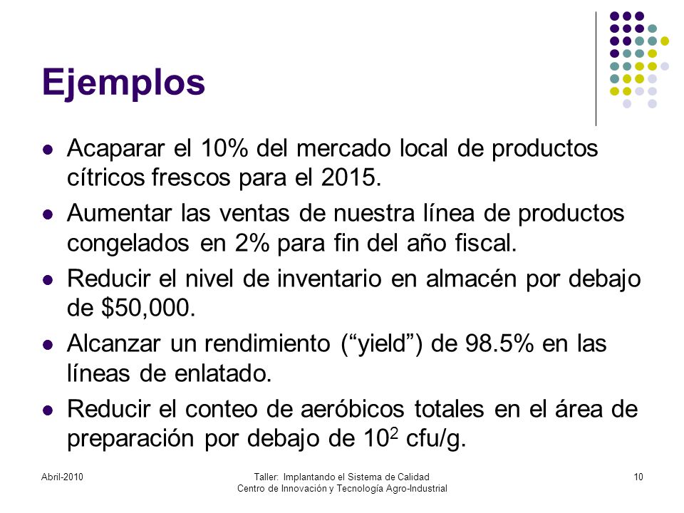 Ejemplos Acaparar el 10% del mercado local de productos cítricos frescos para el